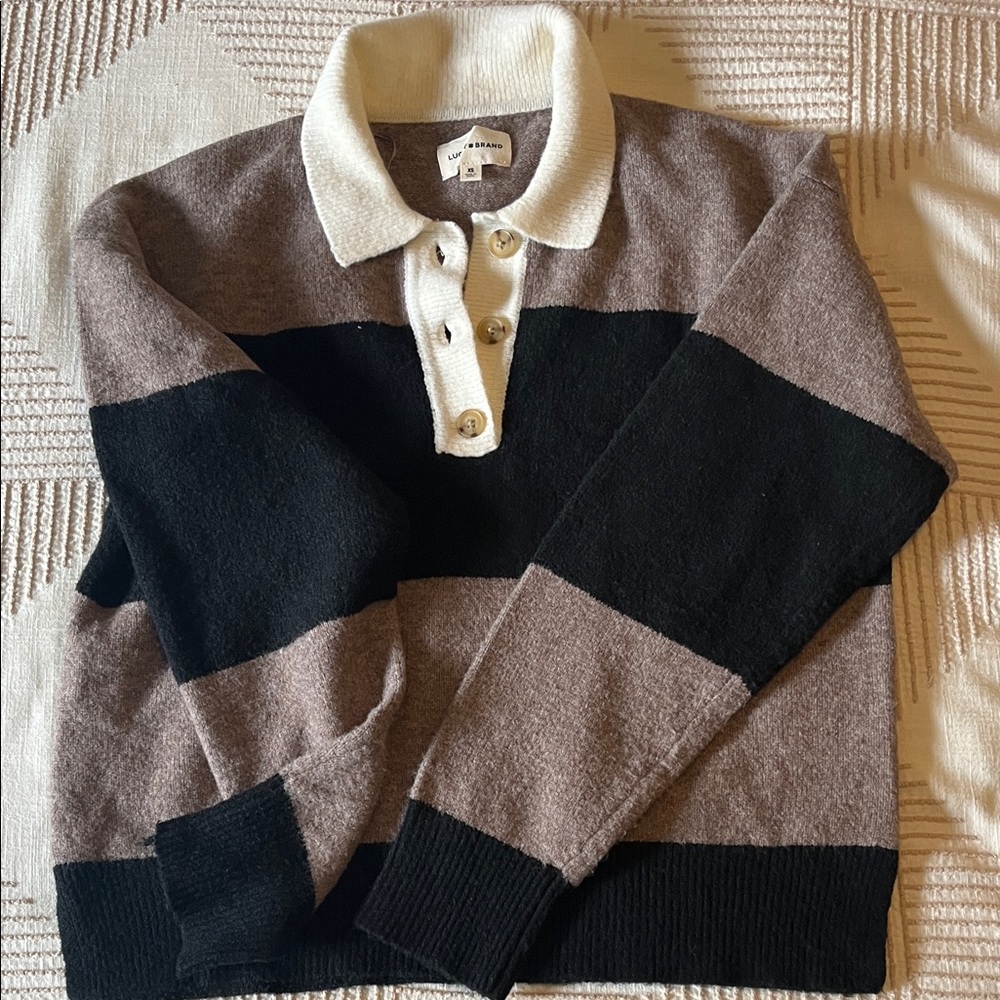 Lucky Brand women’s Striped Zip Polo Sweater in Black, Brown & Cream